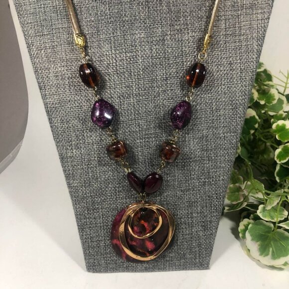 Burgundy Gold Tone Pendant Necklace Purple Glass Beads Boho Statement 22 inch - Picture 2 of 7